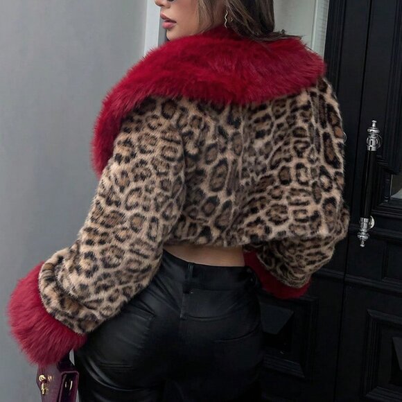 Bold Leopard Print Faux Fur  Coat with Plush red Collar & cuffs  Women's - Picture 4 of 8
